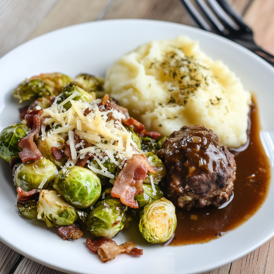 Spruitjes met spekjes, kaas & rundergehaktbal! (koolhydraatarm)