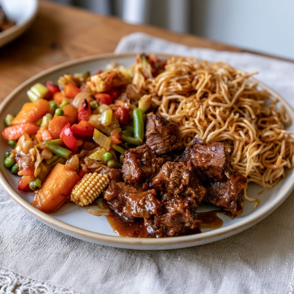 Javaanse bami met rundvlees en Mexicaanse groentemix (zoutarm)