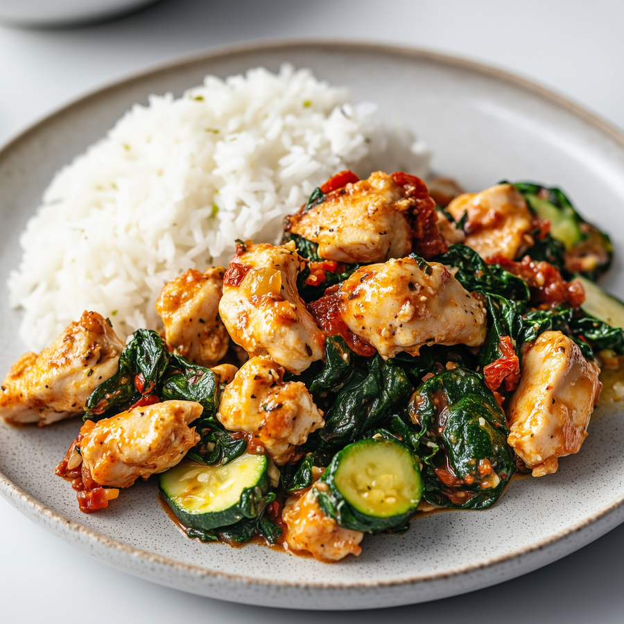 Romige kip met wilde spinazie en courgette