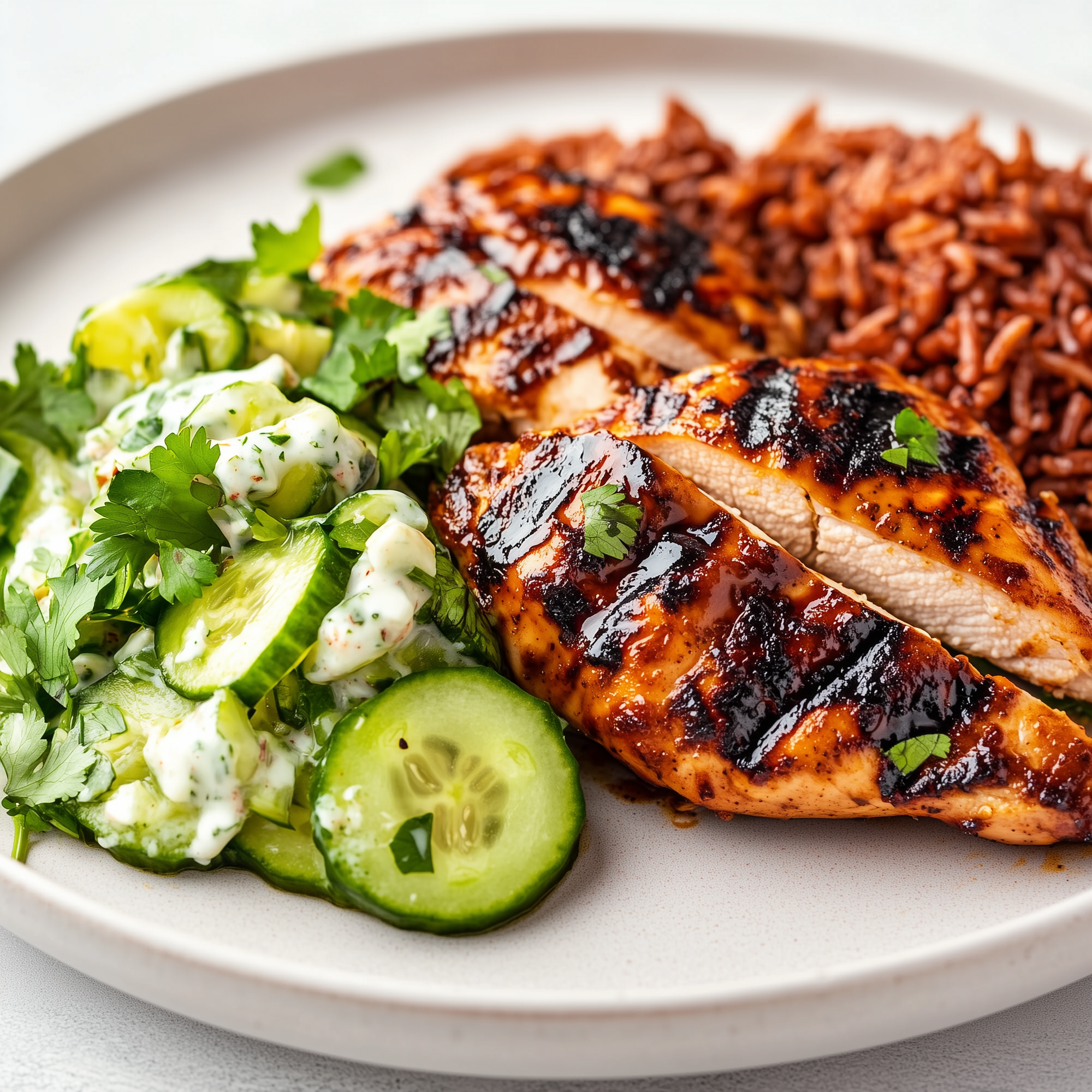 BBQ Kip met tomatenrijst en komkommersalade