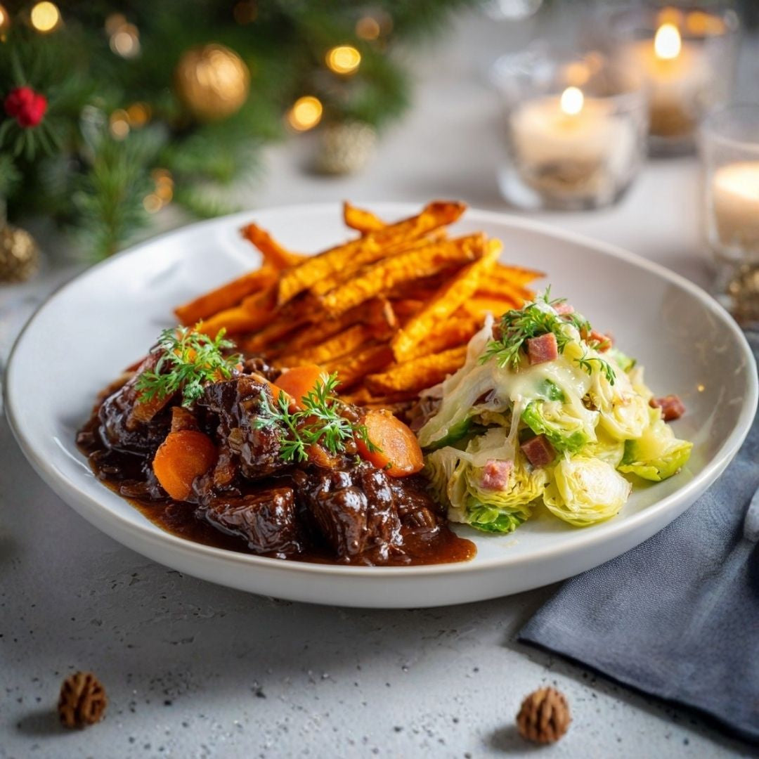 Wildstoof met zoete aardappelfriet en witlof met ham & kaas