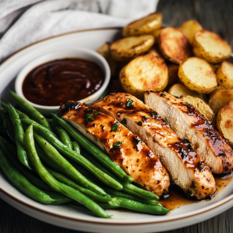 Gegrilde kipfilet met een glazuur van honing en kruiden, geserveerd met knapperige sperziebonen en geroosterde aardappelen.