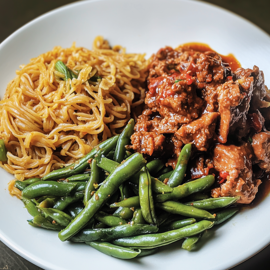 Bami goreng met seitan rendang en boontjes (vega)