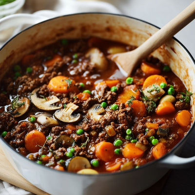 Stoofpot met rundvlees, wortels, champignons en erwten in een witte gietijzeren pan op het fornuis.