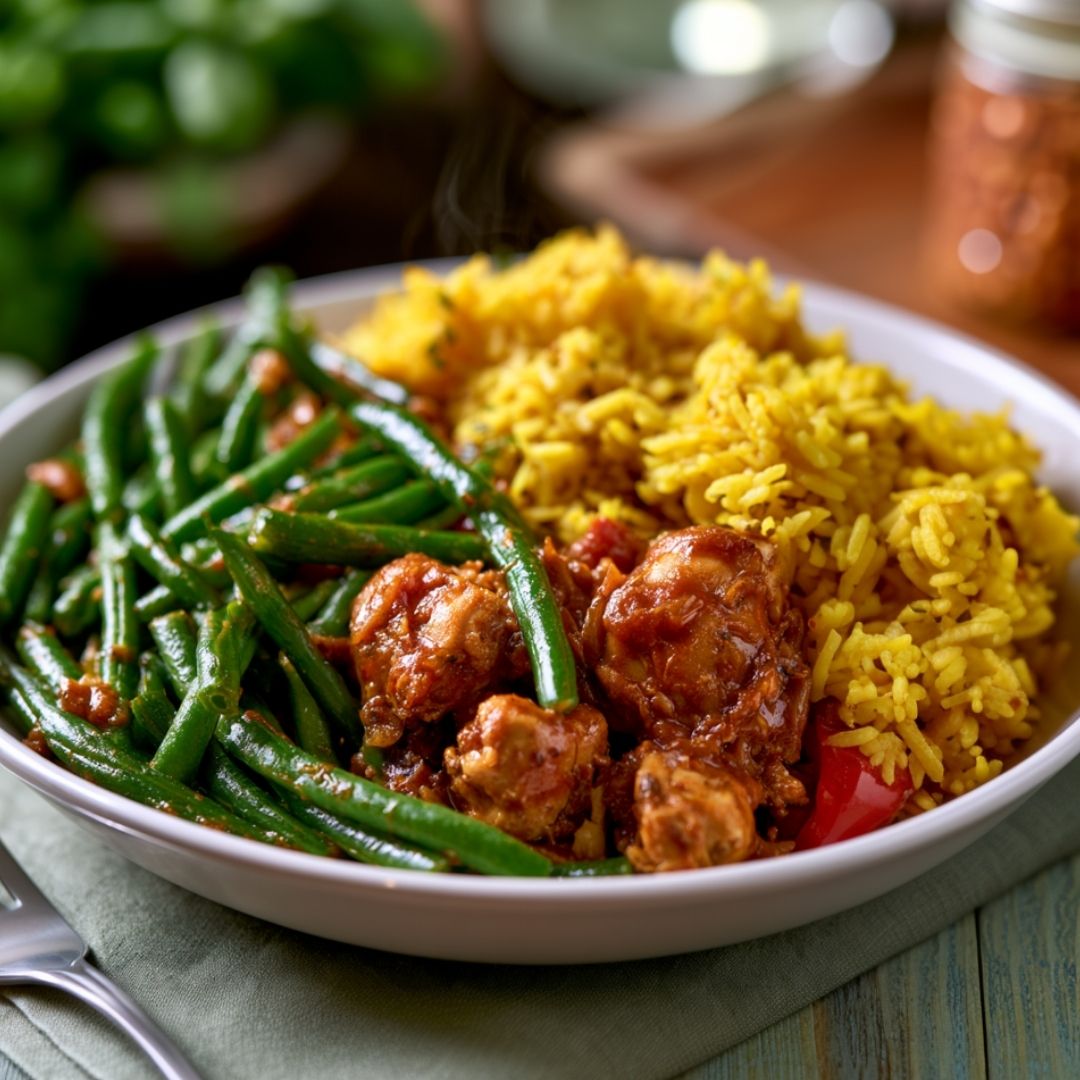 Kip in Javaanse saus met gele rijst (zoutarm)