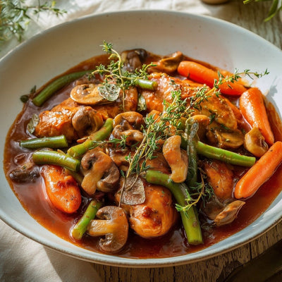 Heerlijke stoofschotel met sappige kip, champignons, wortelen en sperziebonen in een rijke tomatensaus, geserveerd in een diepe schaal.