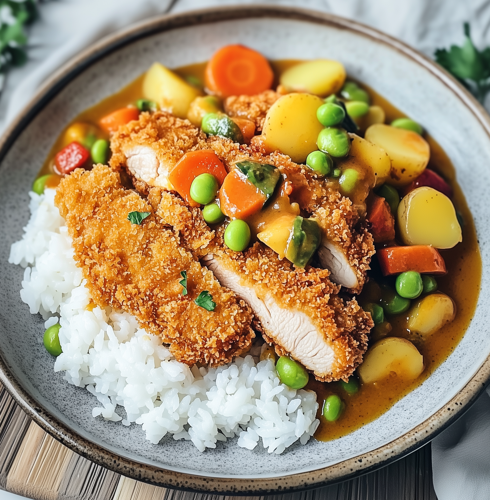 Katsu curry met rijst en krokante kip