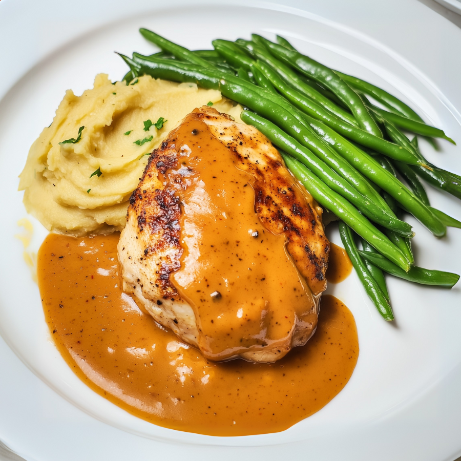 Kipfilet met pepersaus, sperziebonen en knolselderijpuree (koolhydraatarm)