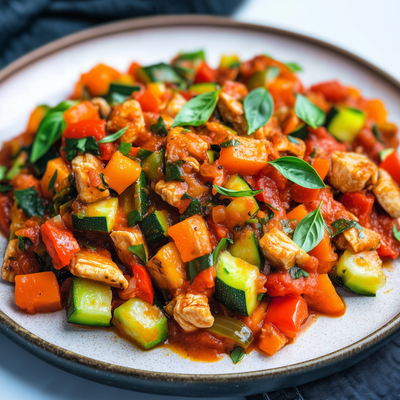 Kleurrijke braadpan met malse kip, courgette, paprika en verse basilicum, geserveerd op een wit bord met bruine rand.