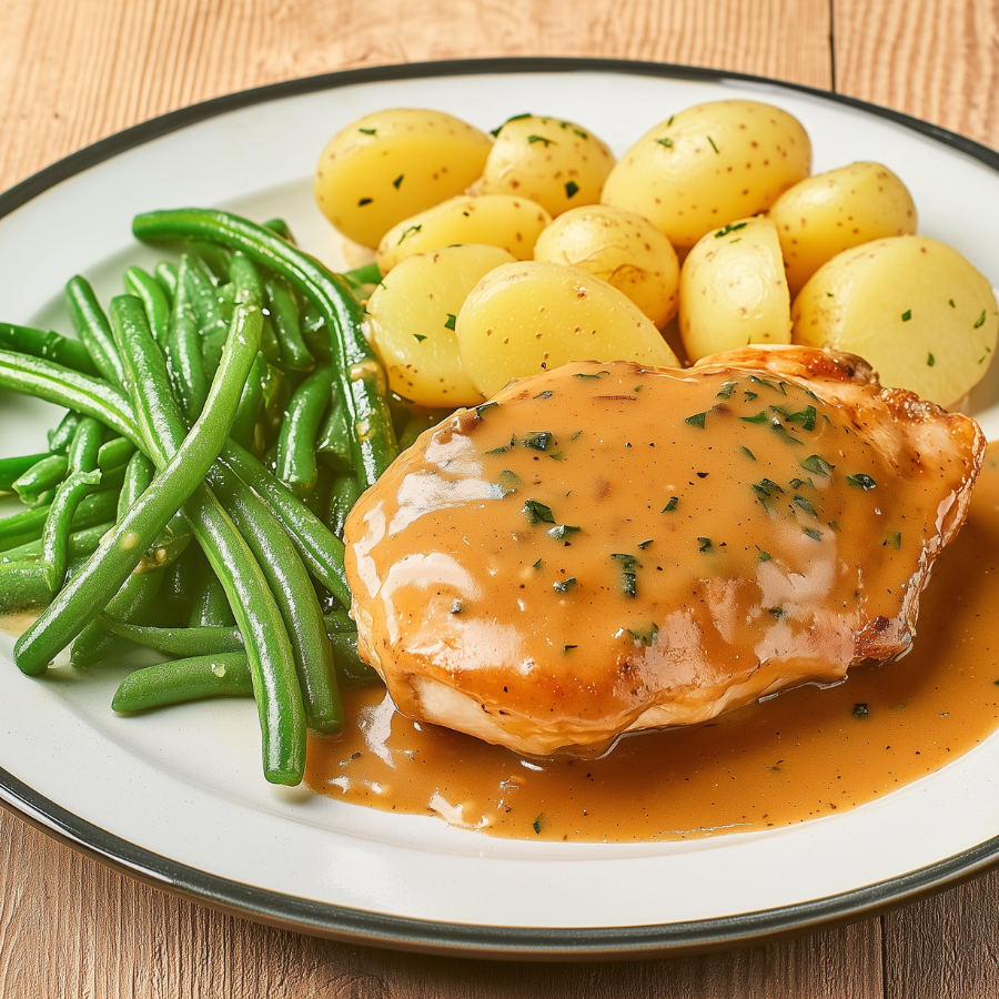 Kipfilet met pepersaus, sperziebonen en krieltjes