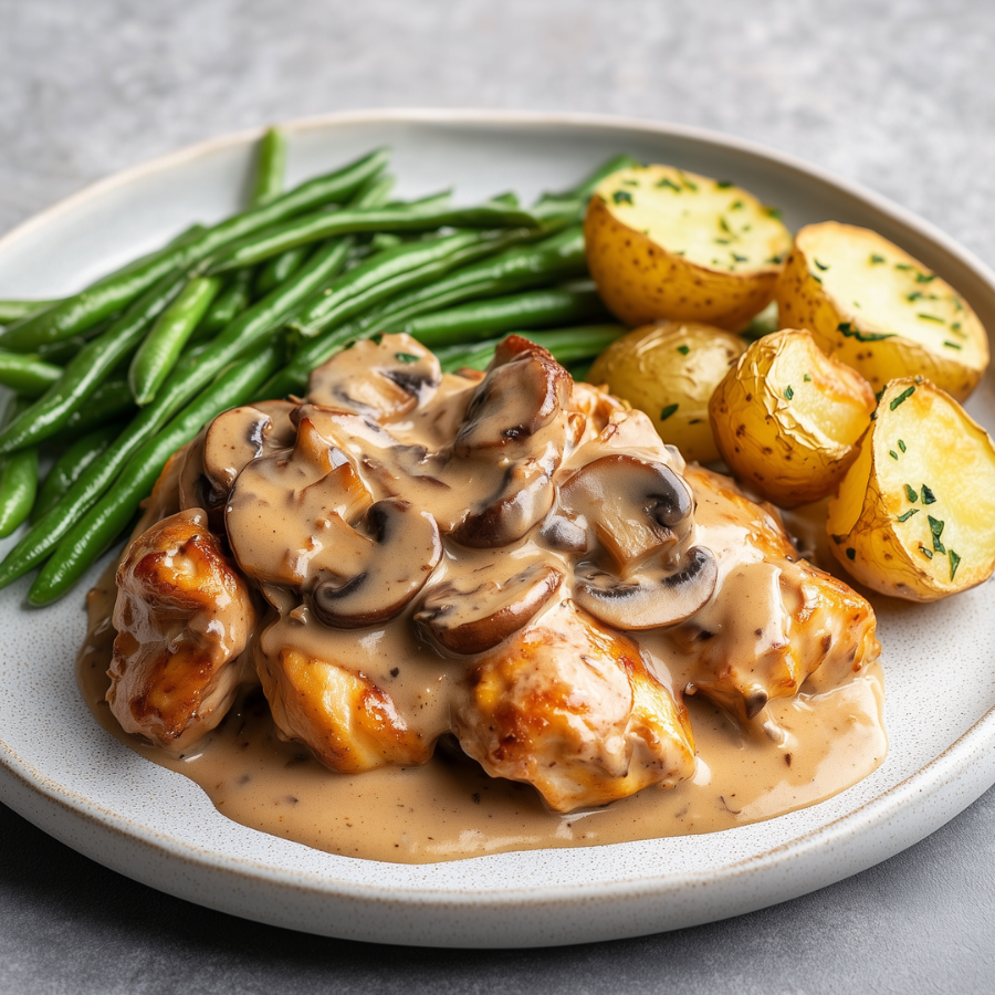 Kip-in-champignonsaus-met-sperziebonen