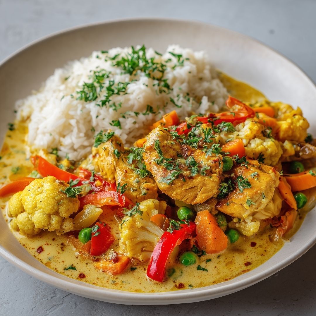 Kokoscurry met kip, bloemkool en doperwten
