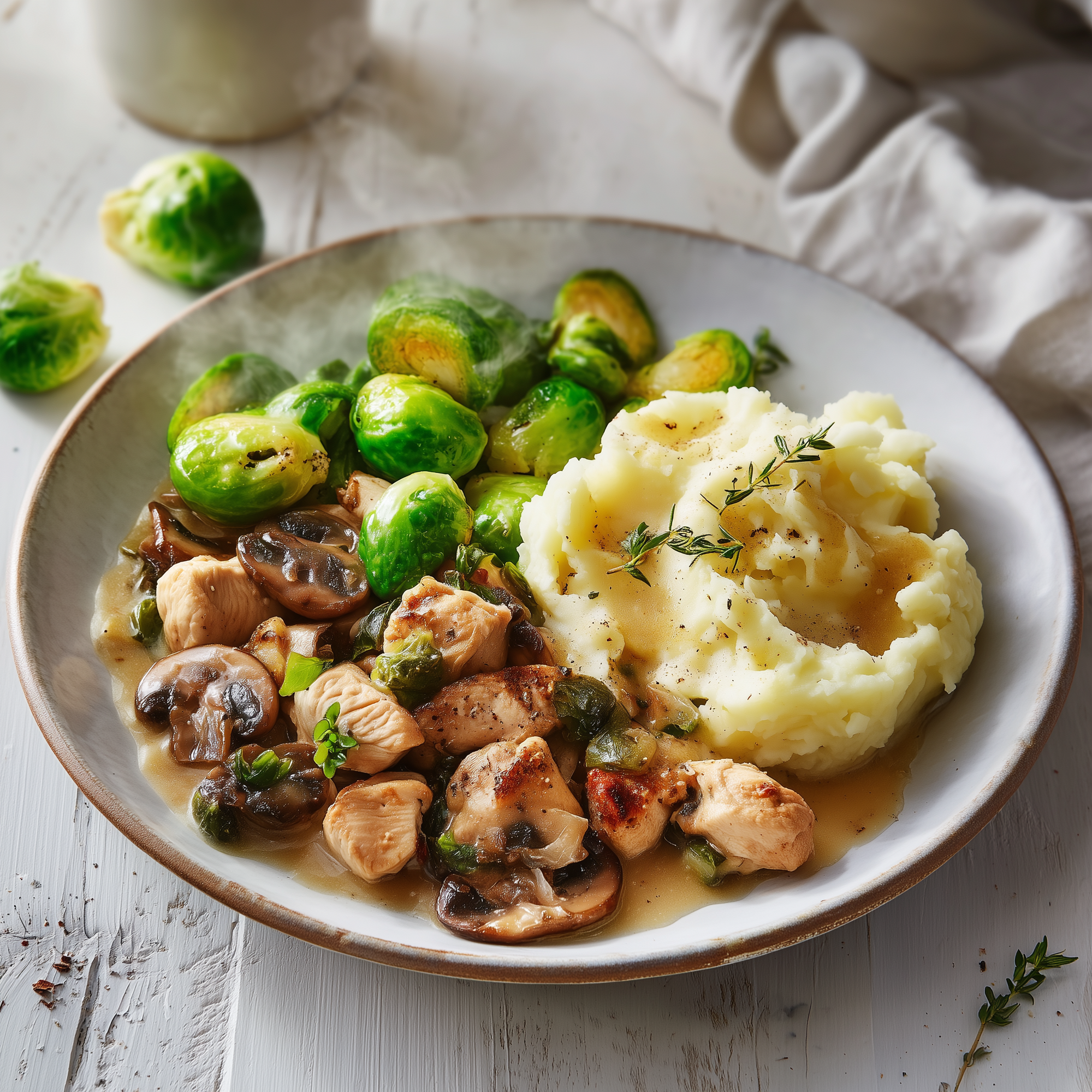 Paddenstoelenstoof met kip en spruitjes