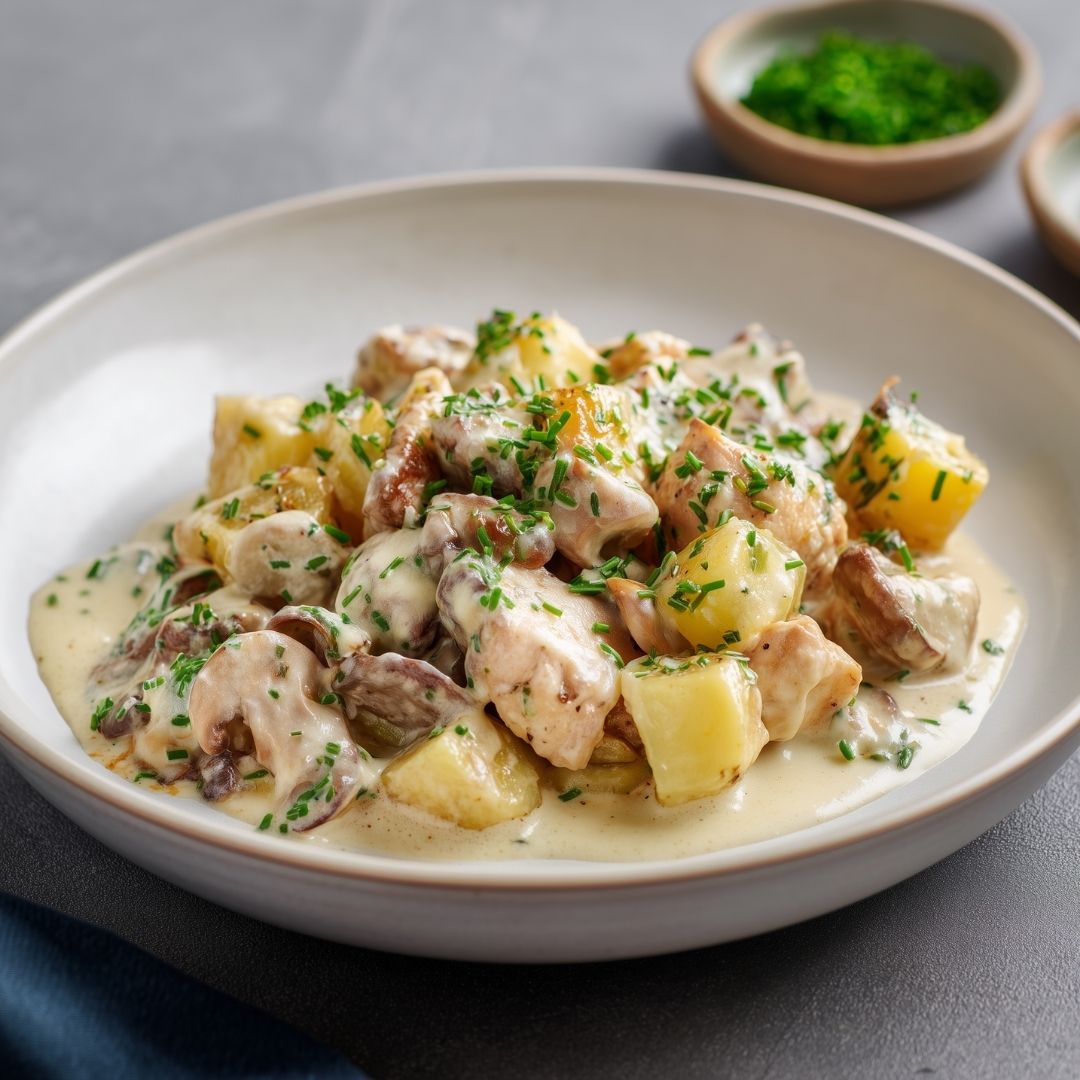 Knolselderijpasta met kip en champignonsaus (koolhydraatarm)