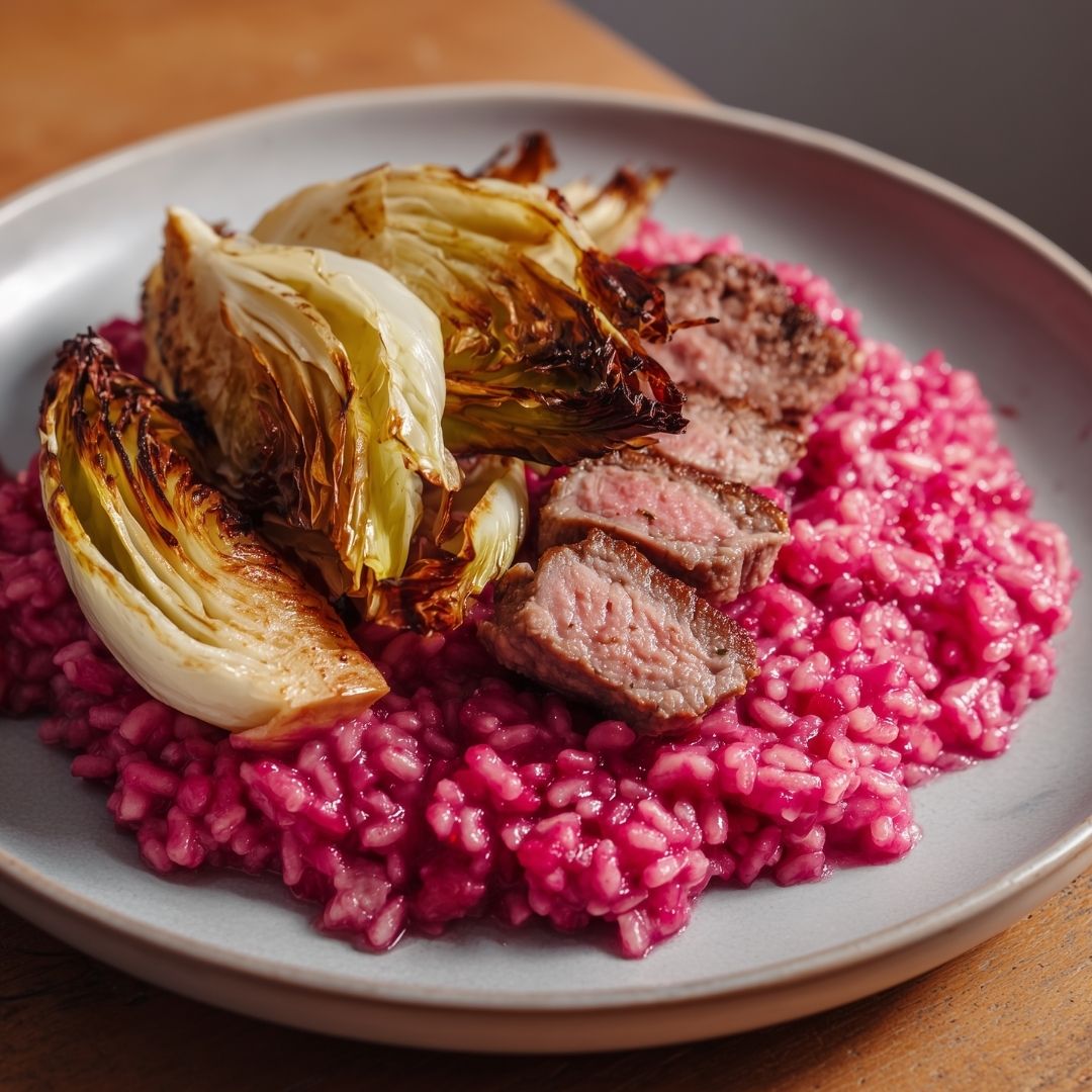 Rode bietenrisotto met witlof en varkenshaas