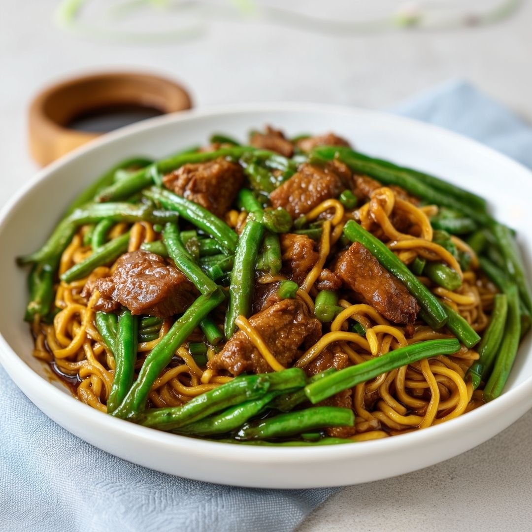 Tjaumin met seitan en kousenband in ketjapsaus (vega)