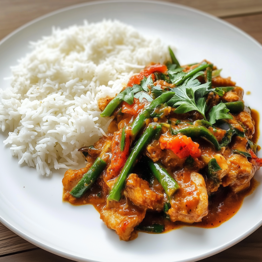 Witte rijst met seitan en kousenband in massalasaus (vega)