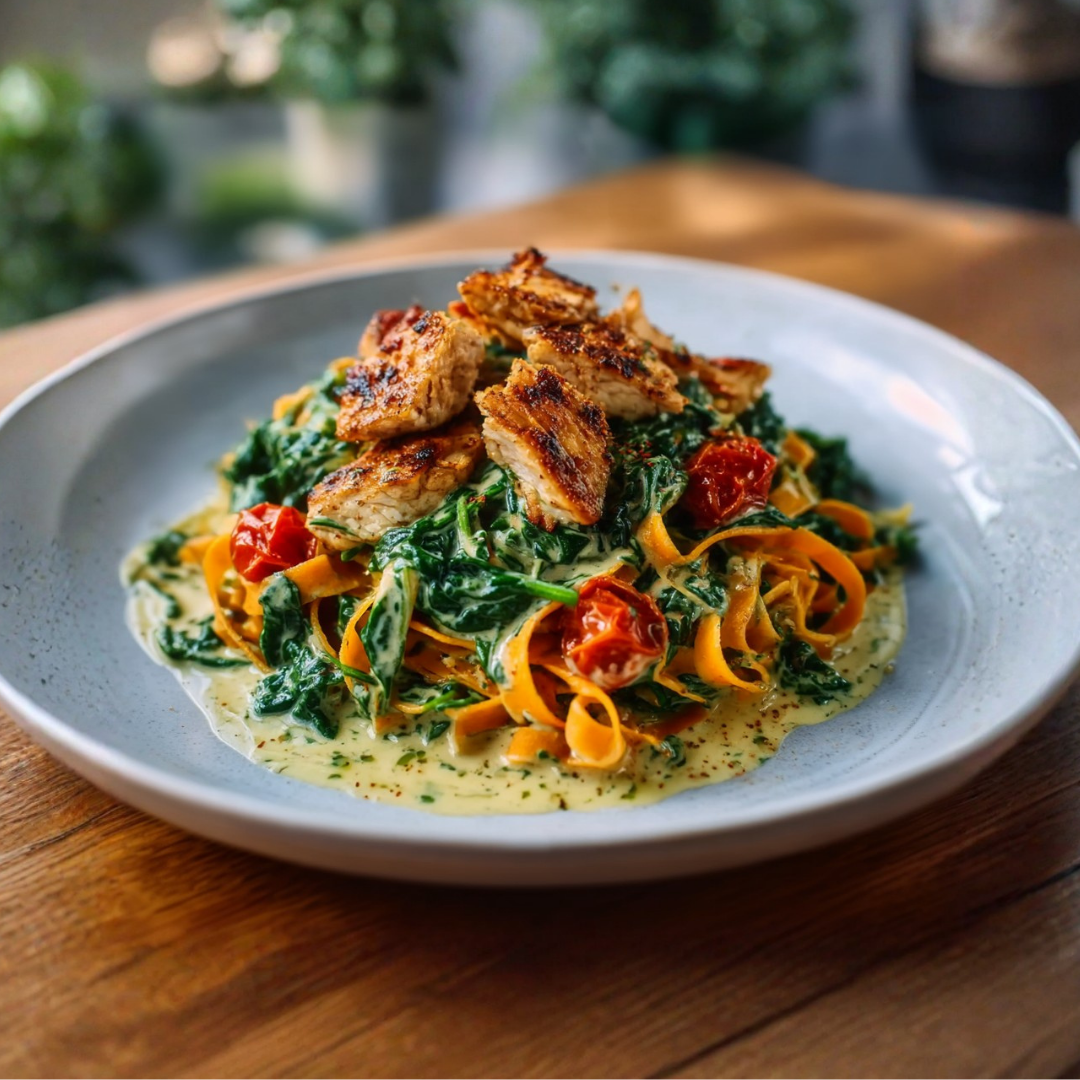 Worteltagliatelle met spinazie en kip (koolhydraatarm)