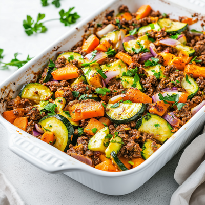 Ovenschotel met gehakt, courgette en paprika in een witte keramische schaal, versierd met verse peterselie