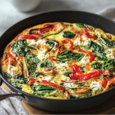 Gietijzeren koekenpan met een kleurrijke en stevige groenteomelet, versierd met spinazie en paprika op een houten ondergrond.