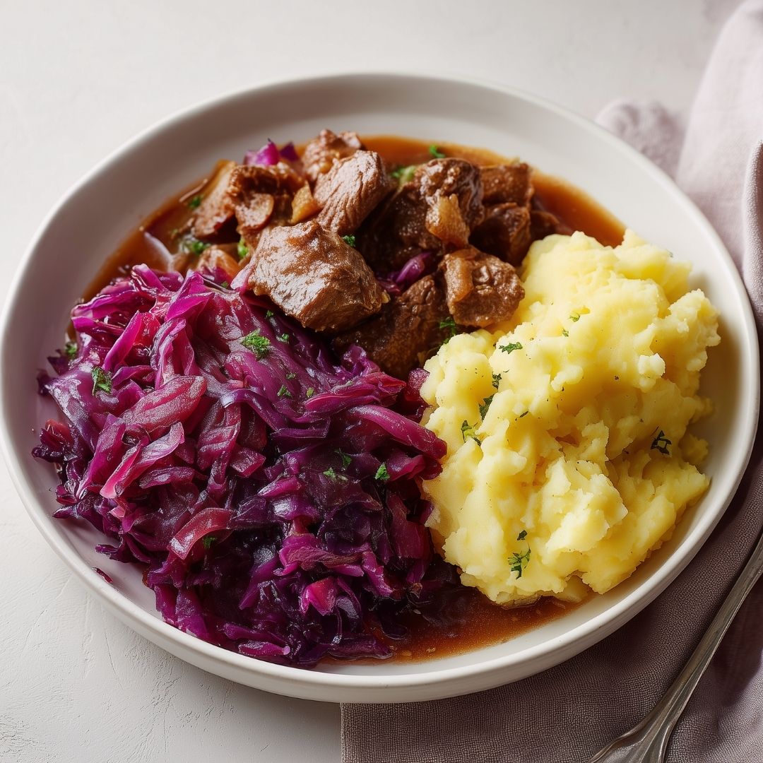 Hachee met rode kool & verse aardappelpuree
