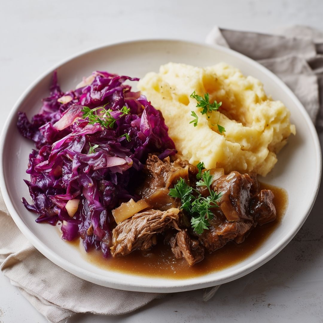 Hachee met rode kool & verse knolselderijpuree (koolhydraatarm)