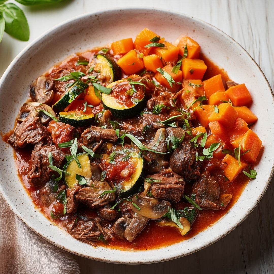 Bord met vleesstoofpot, courgette en zoete aardappelblokjes in een rijke saus, geserveerd op een witte houten tafel.