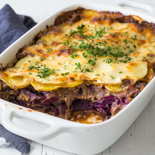 Boeren jachtschotel met rode kool en rundvlees!
