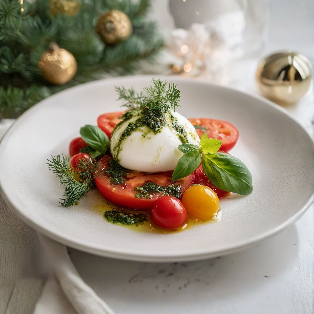 Burrata met basilicum, pesto en tomaat