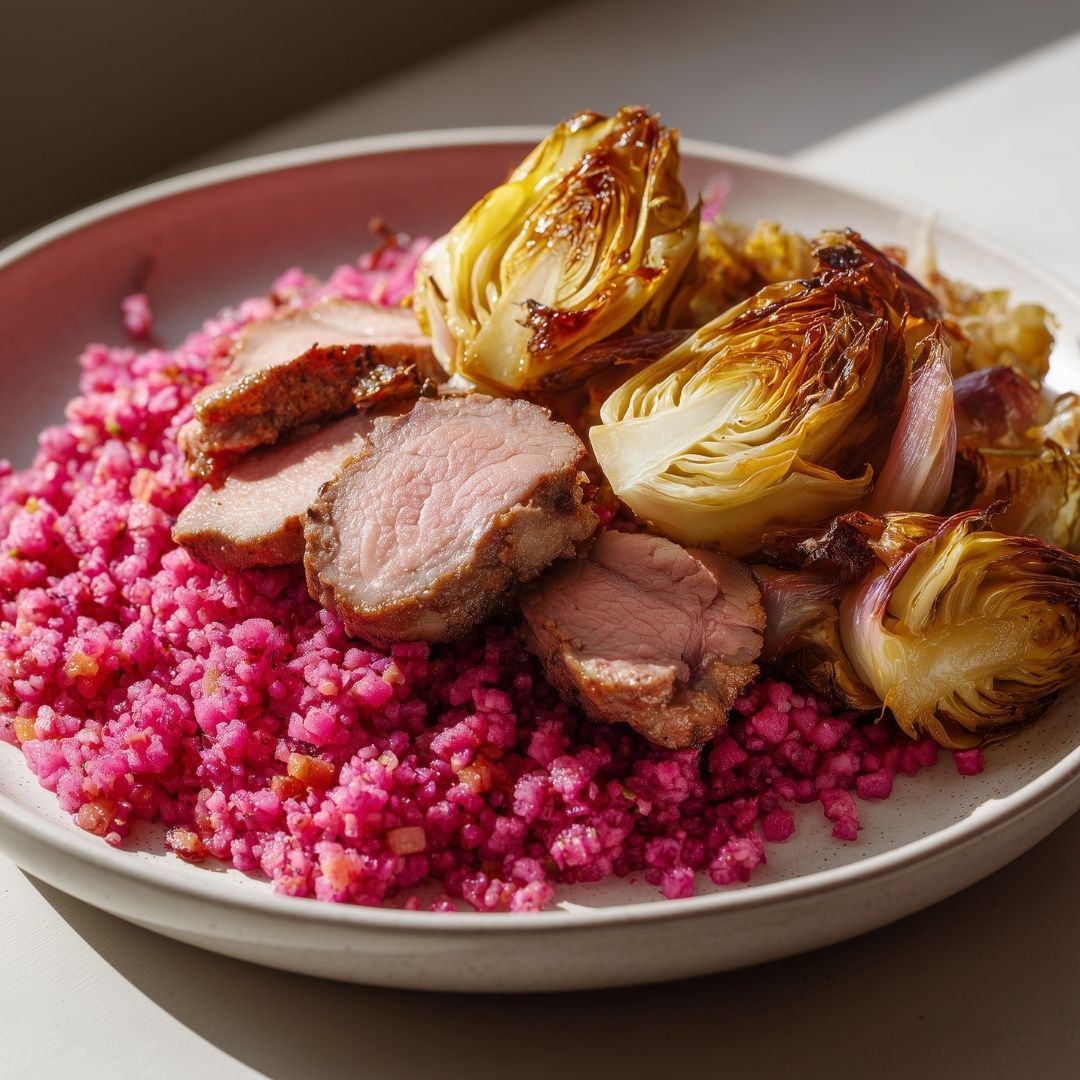 Rode bieten-bloemkoolrisotto met witlof en varkenshaas (koolhydraatarm)