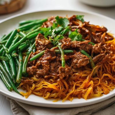 Bord met gebakken rundvlees in pikante saus op een bed van krokante noedels, geserveerd met verse sperziebonen.