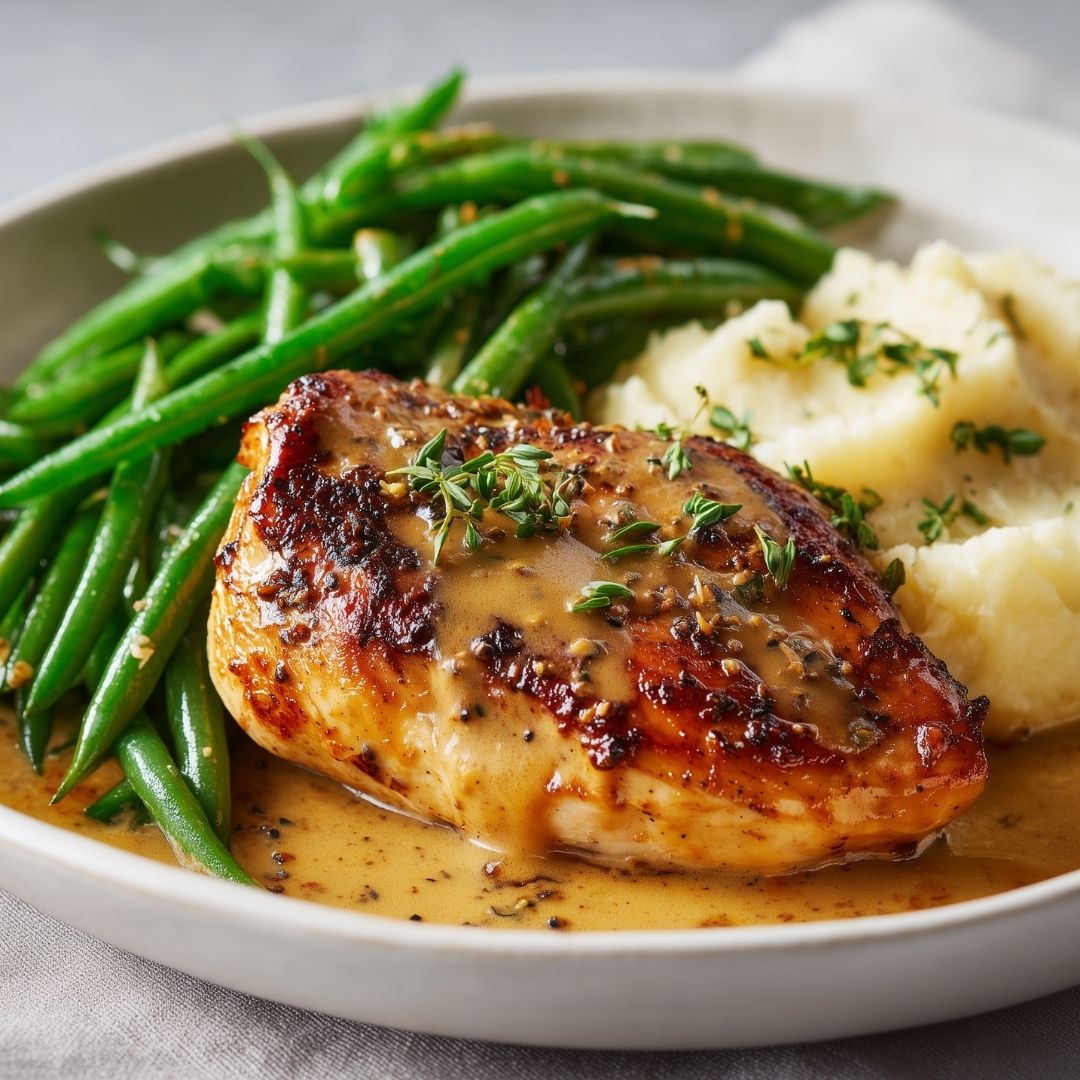 Kipfilet met pepersaus, sperziebonen en knolselderijpuree (koolhydraatarm)