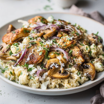 Gereserveerd bord met romige risotto, gegarneerd met gebakken champignons, rode ui en verse peterselie op een lichte ondergrond.