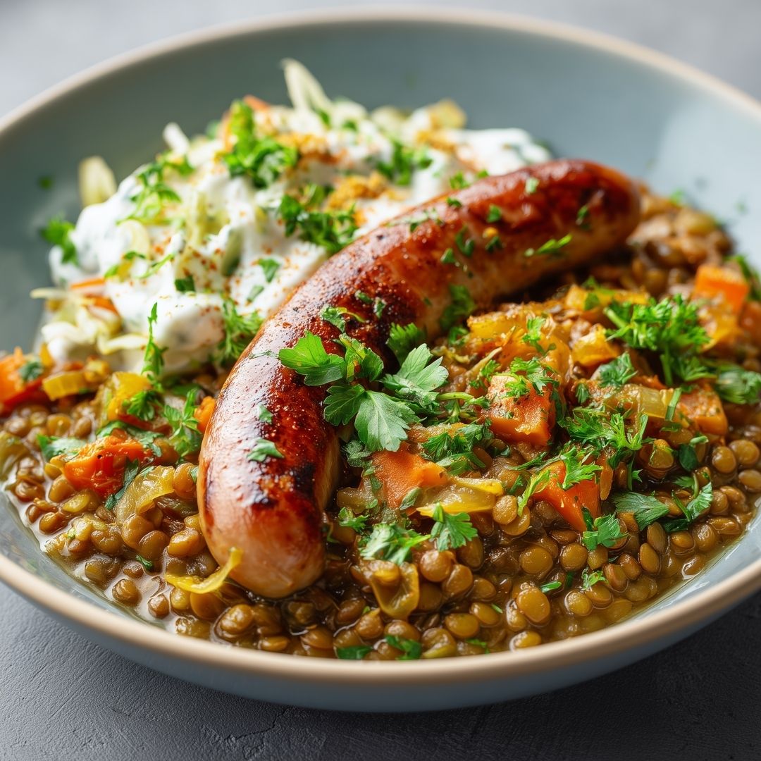 Linzen met BBQ worst en selderijsalade