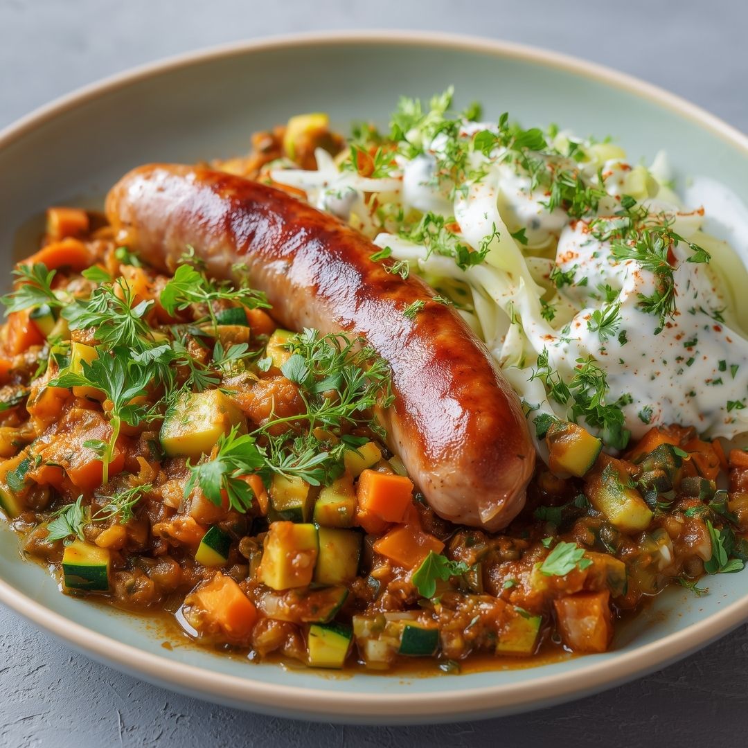 Courgetteblokjes met BBQ worst en selderijsalade (koolhydraatarm)