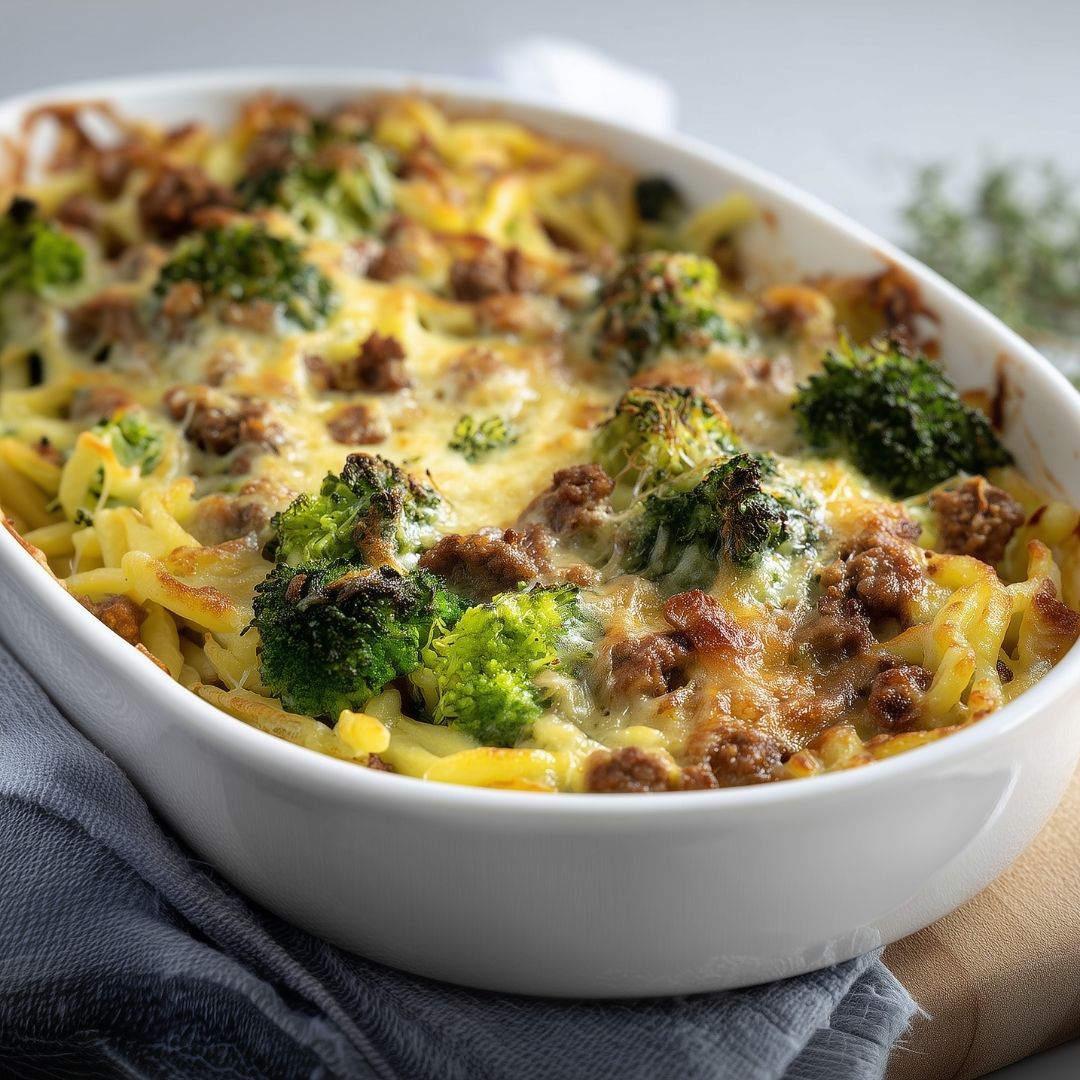 Pasta ovenschotel met met spätzle pasta, broccoli, gehakt en kaas!