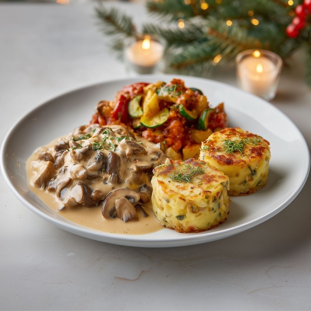 Paddenstoelenstoof met aardappelgratin en ratatouille (vega)