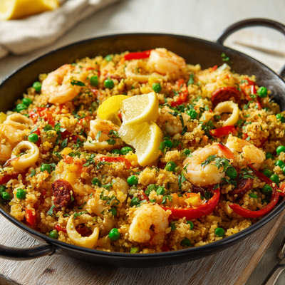 Ronde gietijzeren pan gevuld met kleurrijke Spaanse paella, met garnalen, chorizo, en groenten op een houten snijplank.