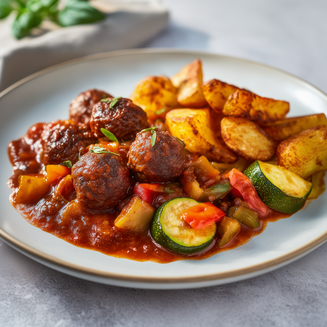 Gehaktballetjes in tomatensaus met patatas bravas