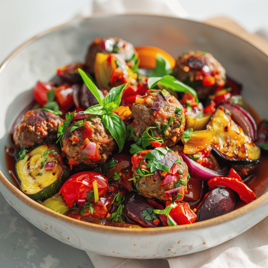 Stevige rustieke kom met kleurrijke ratatouille en gehaktballetjes, gegarneerd met verse basilicumbladeren.