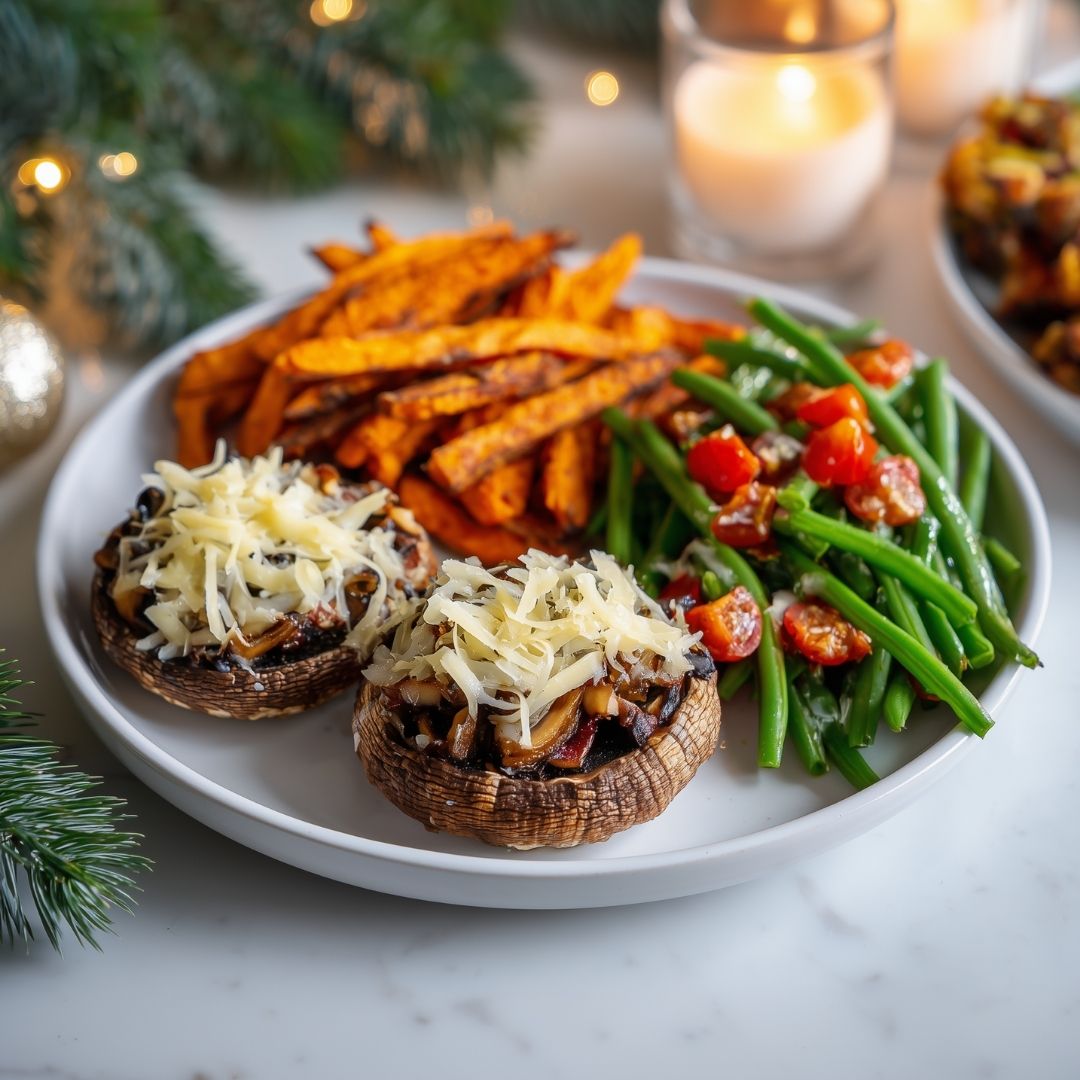 Portobello met paddenstoelen vulling, zoete aardappelfriet en haricotsverts (vega)