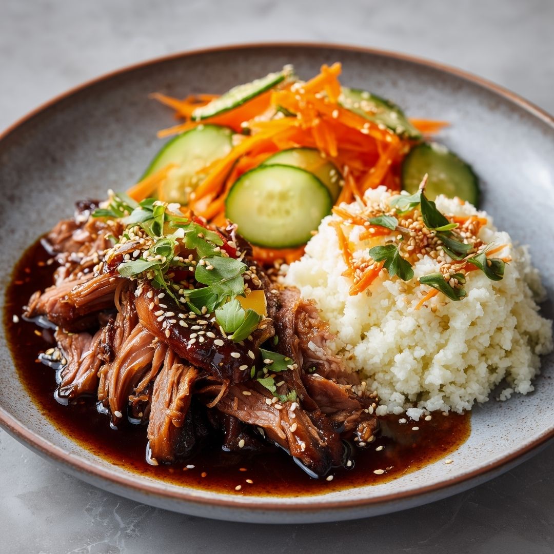 Pulled eend met Aziatische wortel/komkommersalade (koolhydraatarm)