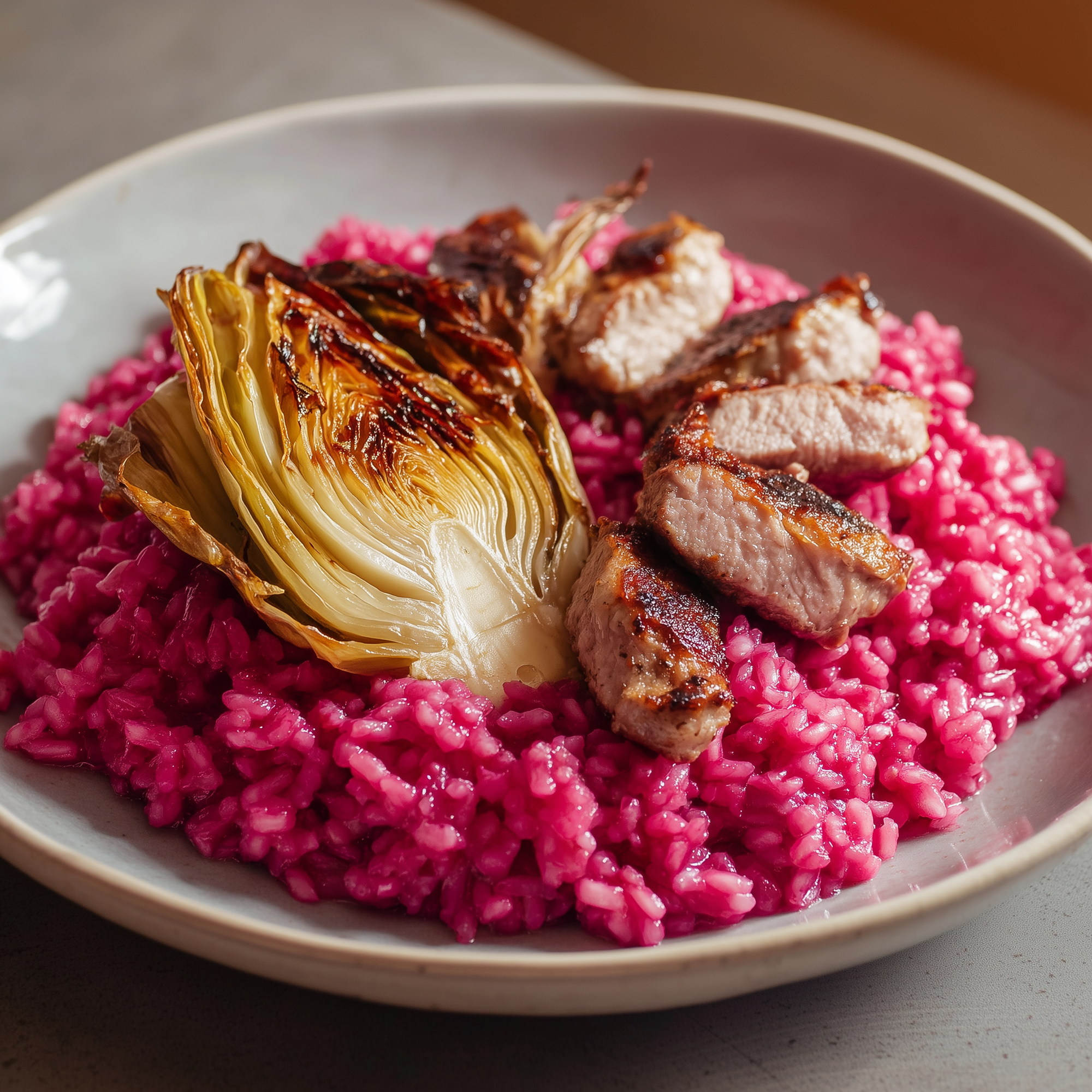Rode bietenrisotto met witlof en varkenshaas