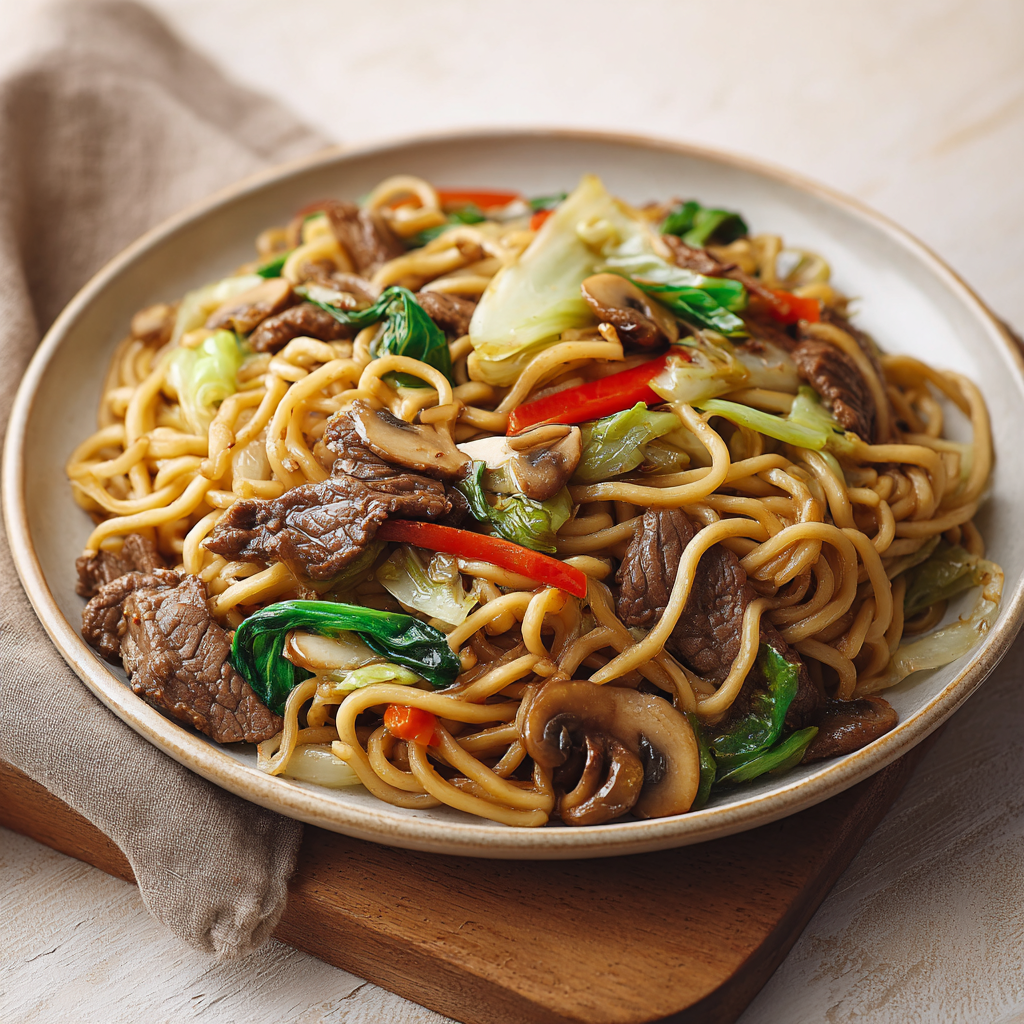 Roerbak noedels met biefstukreepjes