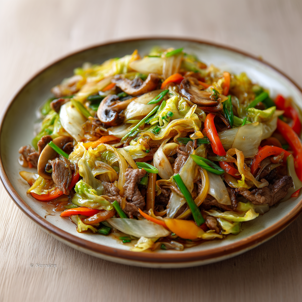 Roerbak koolnoedels met biefstukreepjes (koolhydraatarm)