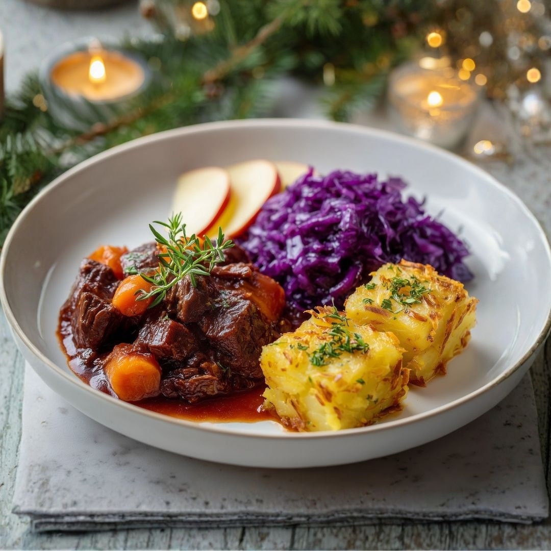 Rundvlees in rode wijn met aardappel gratin rode kool en appel