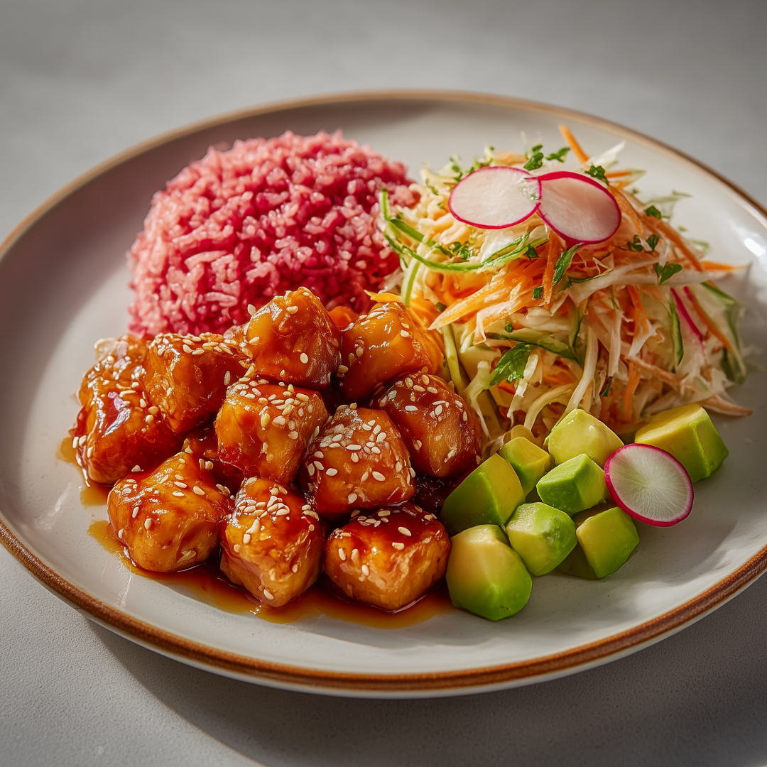 Sesamkip met bietenrijst en frisse salade!