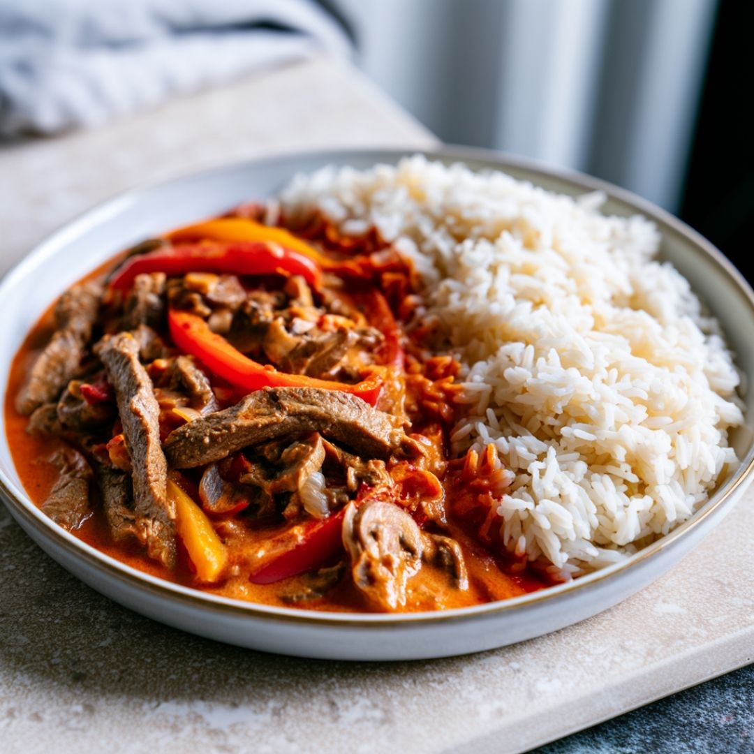 Biefstukreepjes in stroganoffsaus