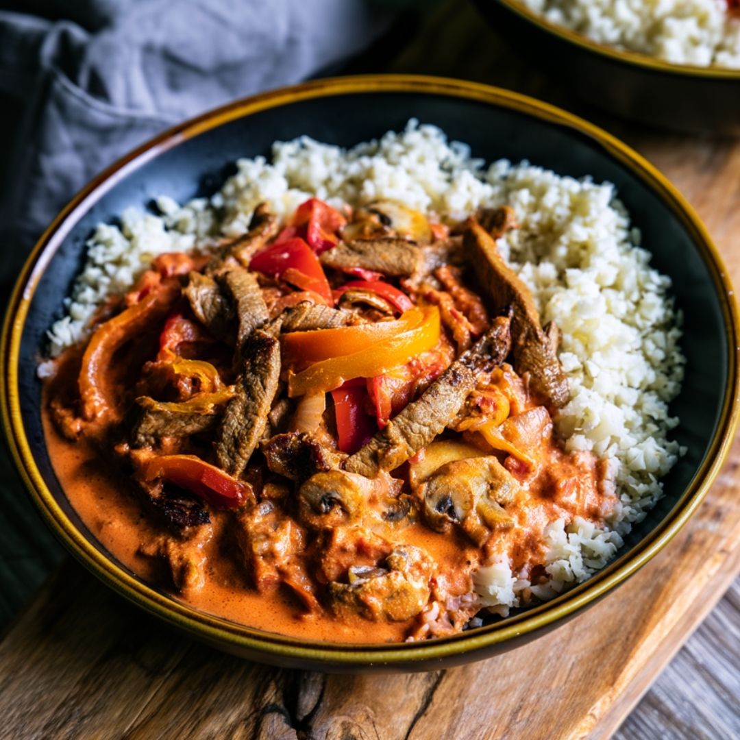 Biefstukreepjes in stroganoffsaus (koolhydraatarm)