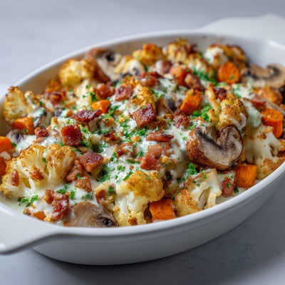 Witte keramische ovenschaal gevuld met romige bloemkool, champignons, zoete aardappelen, knapperige spekjes en peterselie.